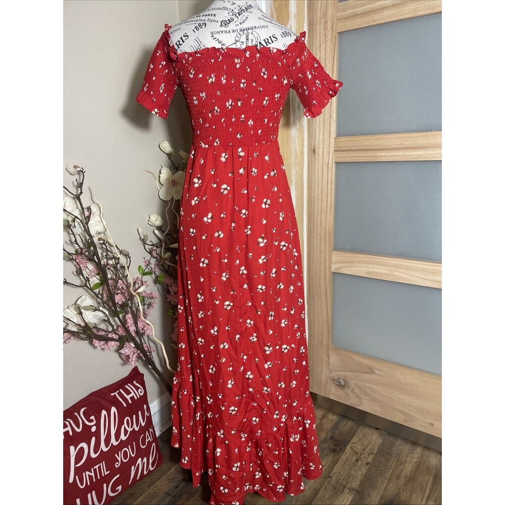 Mi Ami Red Floral Off Shoulder Smocked Maxi Dress Womens Medium Ruffle Hem - Picture 6 of 8